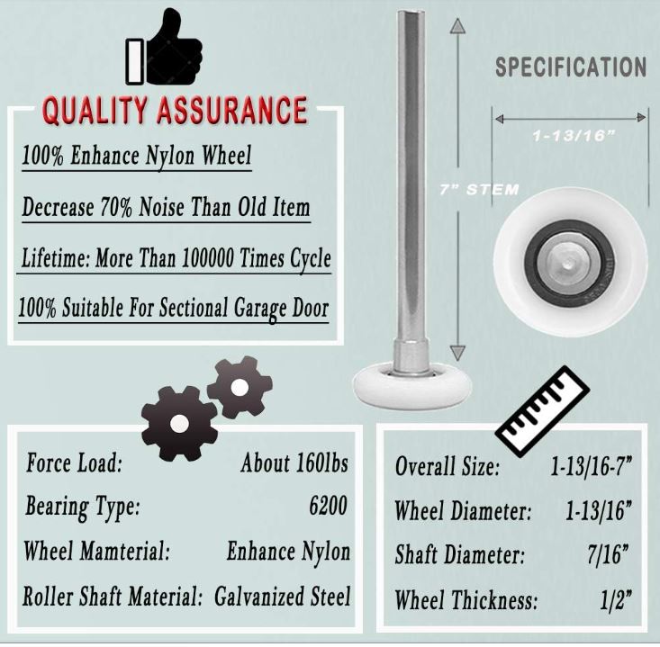 2 inch Nylon White SUPER QUIET Wheel Garage Door Rollers with 7 inch Stem INSTALLED (each)