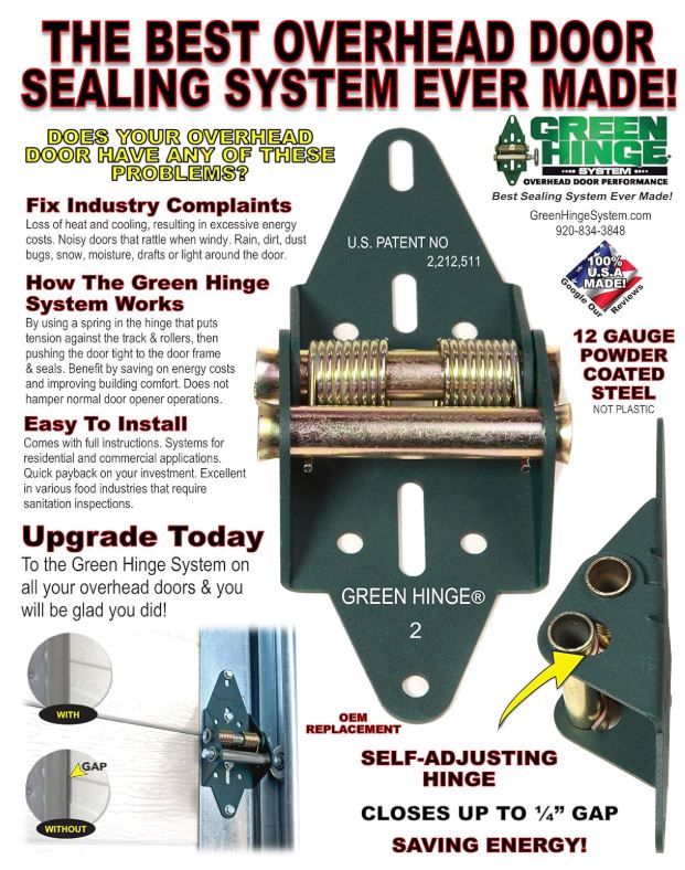 Green Garage Door Hinge for COMMERCIAL Overhead Garage Door over 12 Feet Wide 6 panels 10 Hinges total INSTALLED