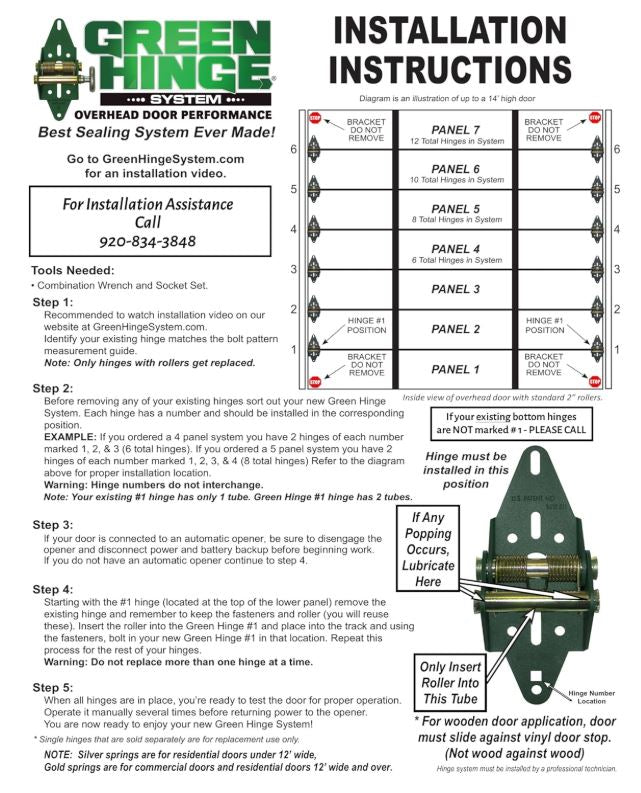 Green Garage Door Hinge for RESIDENTIAL Two Car Garage Door over 12 Feet Wide Up to 5 panels 8 Hinges total INSTALLED