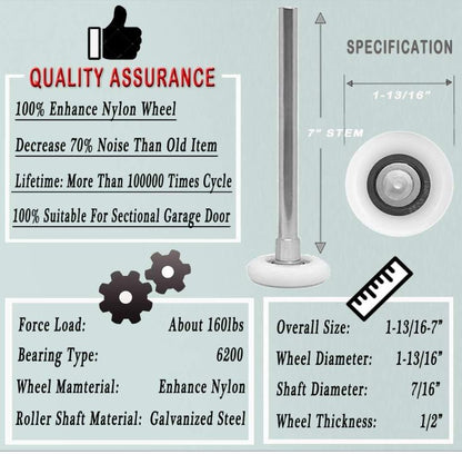 2 inch Nylon White SUPER QUIET Wheel Garage Door Rollers with 7 inch Stem INSTALLED (each)
